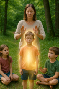 Reiki practitioner sending healing energy to a child surrounded by golden light while other children watch in a forest.